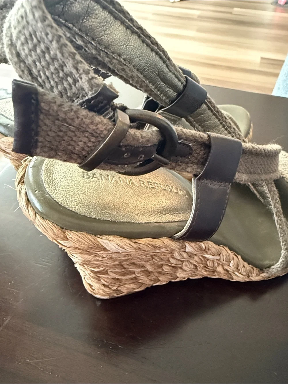 Banana Republic Olive Green/Brown Crisscross Wedge Sandals